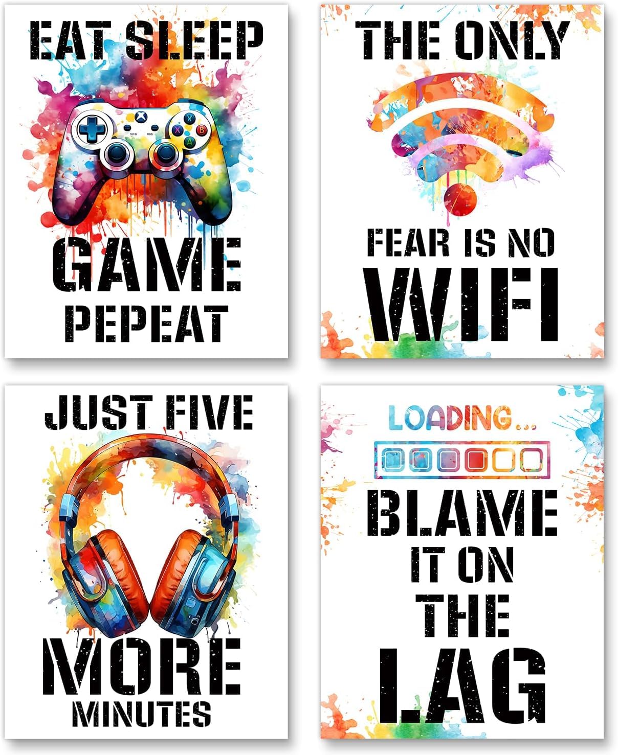 Kepuarm 25 * 10cm 4Pcs Framed Watercolor Video Game Theme Canvas Wall Art Watercolor Gaming Themed Picture Wall Decor Prints Poster for Office Home Wall Decor Colorful Modern Artwork (White)