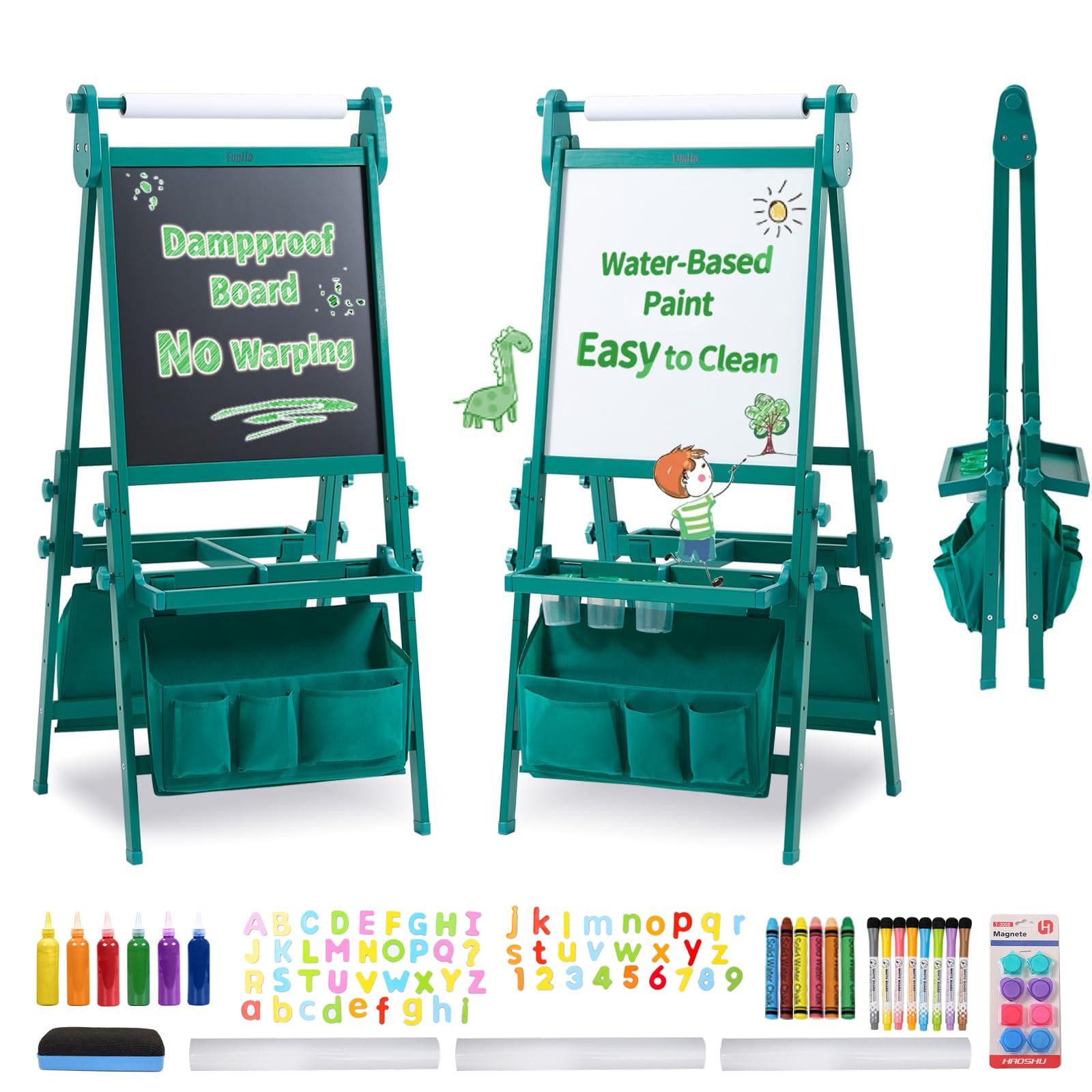 FUNLIO Foldable Anti-Warping Kids Art Easel, All-in-One Toddler Easel with Paper Roll, 3 Height Adjustable for Kids Aged 3-8, Standing Easel with Magnetic Chalkboard/Whiteboard - Green Foldable