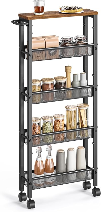 VASAGLE 5-Tier Kitchen Trolley 13 cm Deep Steel Frame Rustic Brown Black