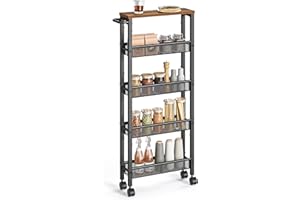 VASAGLE Slim Rolling Cart, 5-Tier Storage Cart, Narrow Carts with Handle, 5.1 Inches Deep, Metal Frame, for Kitchen, Dining Room, Living Room, Home Office, Rustic Brown and Classic Black ULRC034B01
