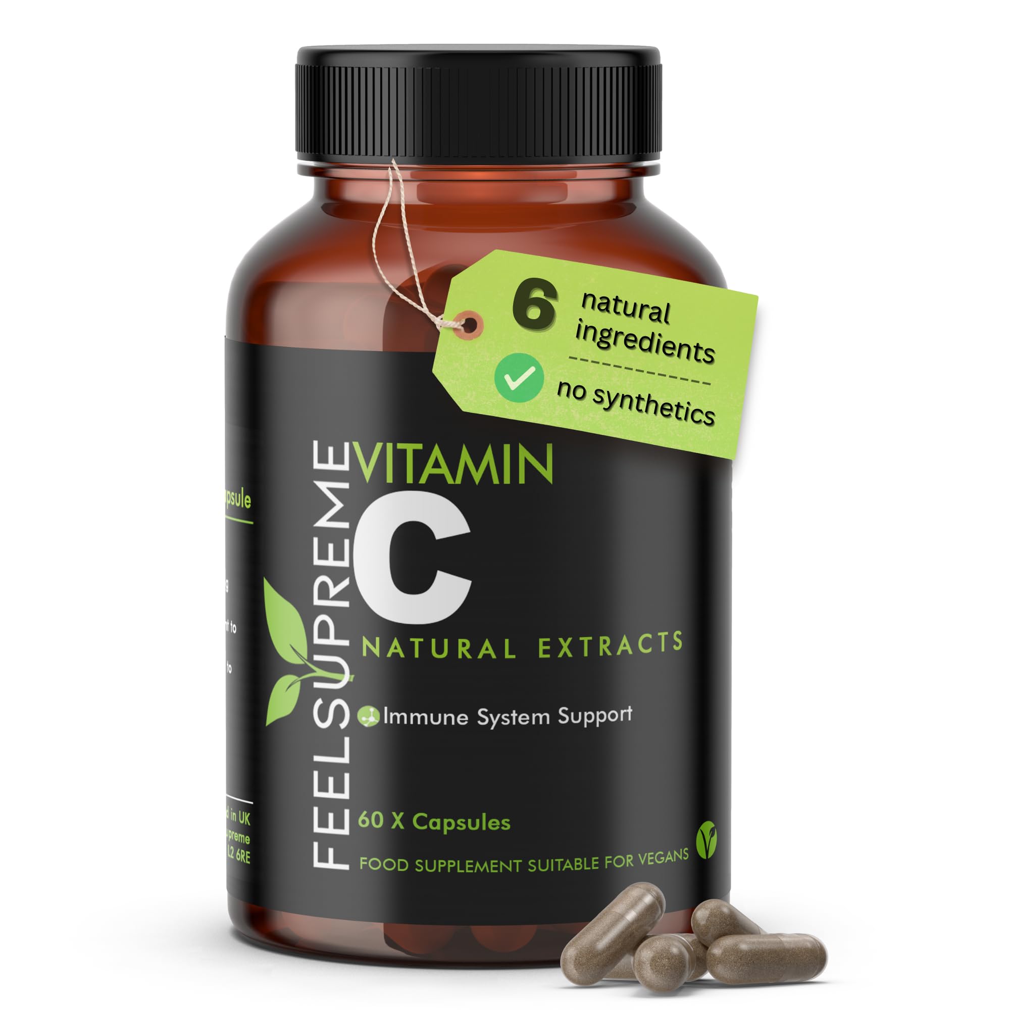 Feel Supreme - 100% Natural Vitamin C Capsules - Immune System Booster, VIT C Supplement, Vitamin C 1000mg, VIT C 1000mg Capsules, Vitamin C Supplements - 60 Capsules