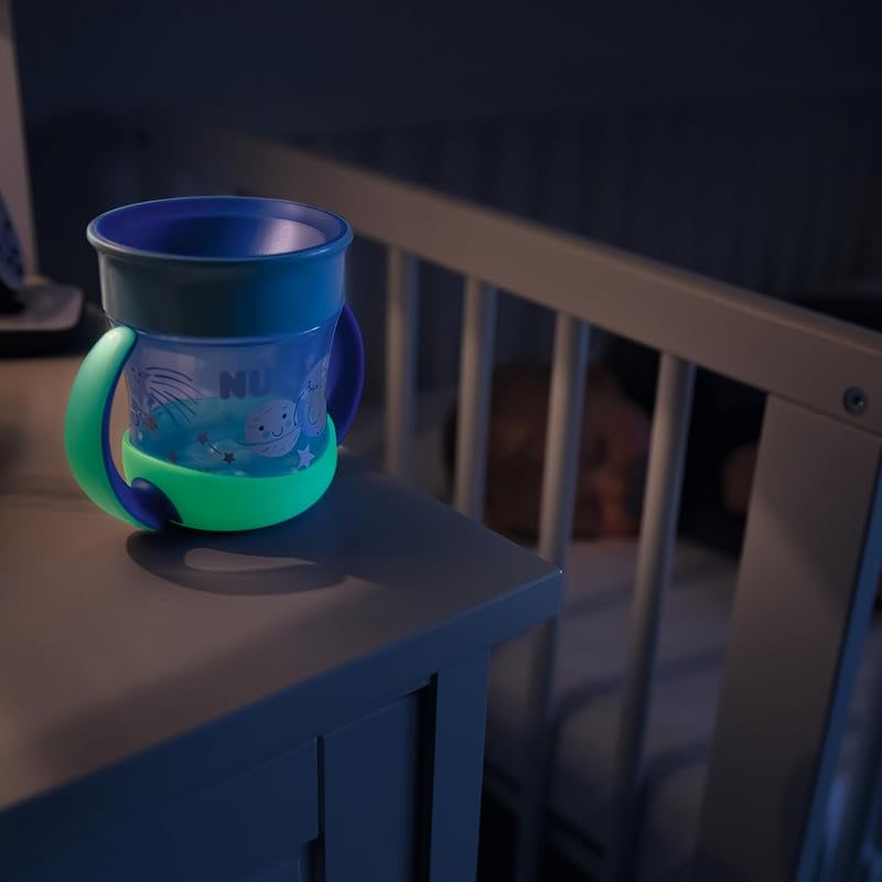 Mini Magic Cup Jour & Nuit Tasse d’Apprentissage | Bordure 360° Antifuites, pour Bébé 6+ Mois, Brille dans le Noir | 160 ml, Bleu / Turquoise, 2 Unités