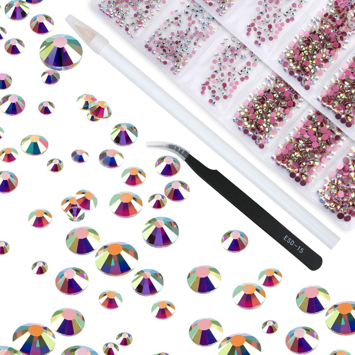 Nibiru 3456 pcs Glass Flatback Nail Rhinestones, Mix 6 Sizes Round Studs Crystal Gem with Tweezers and Picking Rhinestones Pen (Crystal AB)