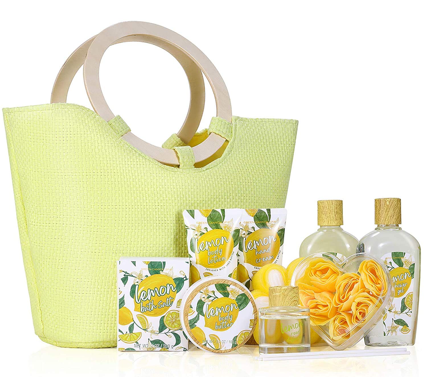 Spa Gift Baskets for Women- 10 Pcs Lemon Scent Bath Set in Beautiful Tote Bag, Best Women Gifts Set for Birthday Christmas : Beauty