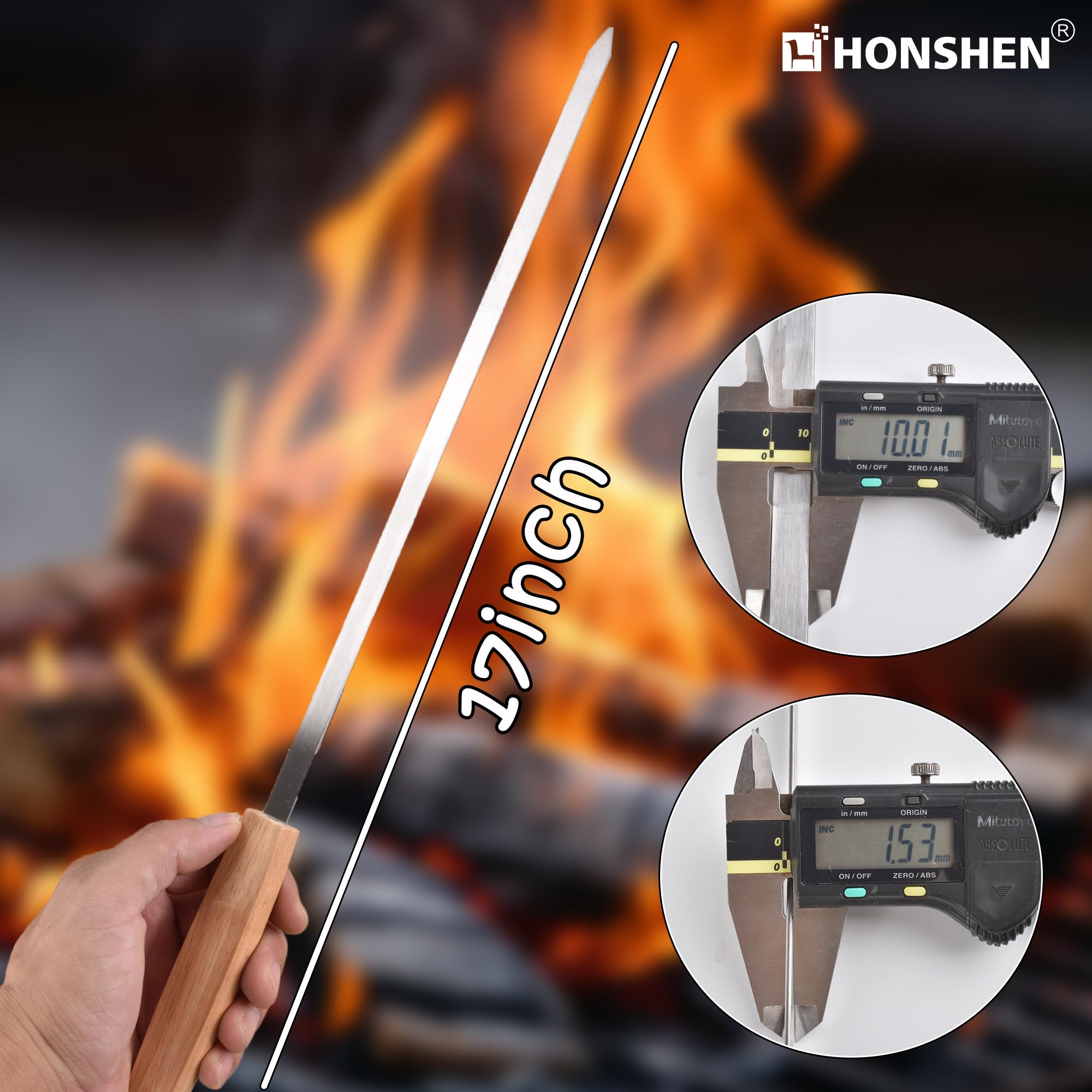 17-Inch 12 Pack Long Flat BBQ Skewers, HONSHEN Brazilian-style Stainless Steel 3/8 Inch Wide Blade with hardwood Handle barbecue skewers for Grilling Meat,Chicken,Shrimp,Vegetables-Set of 12