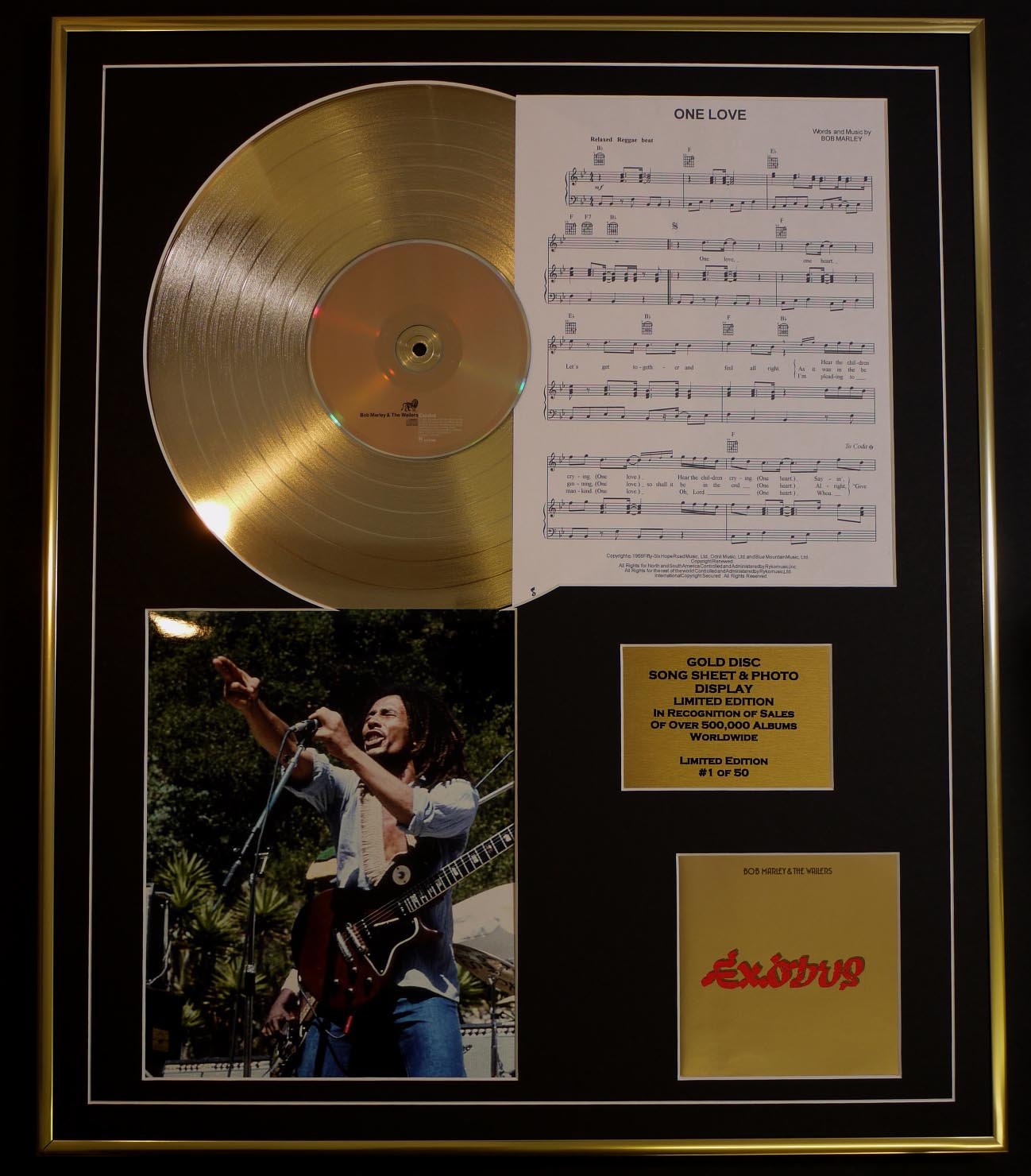 BOB MARLEY/CD GOLD DISC, SONG SHEET & PHOTO DISPLAY/LTD. EDITION/COA/ALBUM, EXODUS/SONG SHEET, ONE LOVE