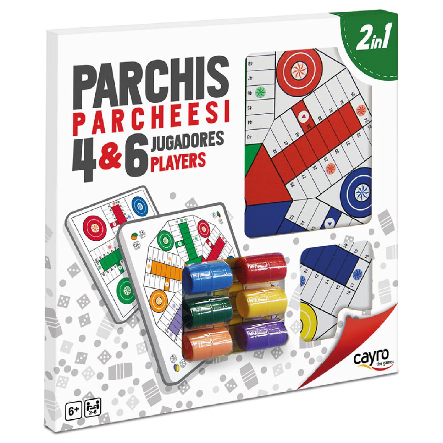 CAYRO - Parchis and Oca - + 6 Years - Wooden Board - Double Classic Board Game - Children and Adults - 6 Cubiletes, 24 Chips and 6 Dice - 2 to 6 Players