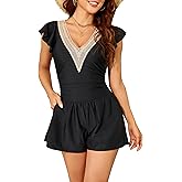 Smismivo Swim Romper Tummy Control Swismuit with Short Modest Bathing Suit Ruffle Swim Suit Lace Swimwear