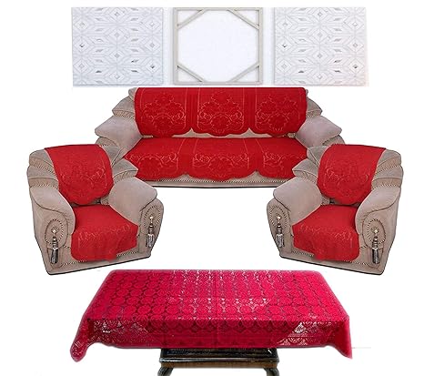 Unique Productions 5 Seater Cotton Sofa Cover with Table Cover - Embossed 10 Pieces Sofa Cover & Center Table Cover (40 X 60 Inches)