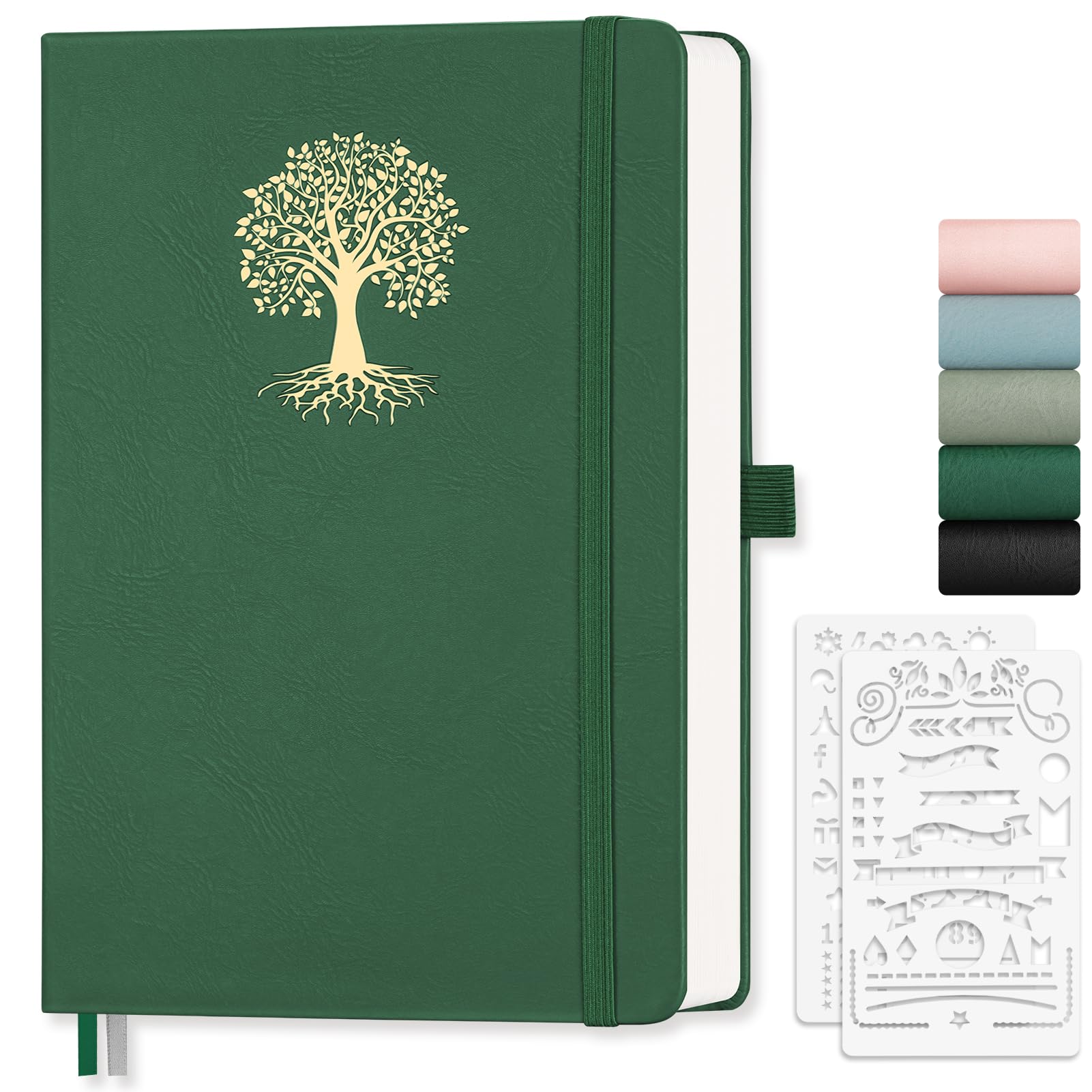 EMSHOI Notebook A5 Lined - 100gsm Hardcover Leather Journal with Sticky Notes, 192 Numbered Pages College Ruled Notebook for Women Men Work School Writing Journaling, 14.5 X 21 cm - Dark Green