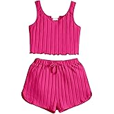 OYOANGLE Girl's 2 Piece Outfits Sleeveless Rib Knit Notched Neck Crop Tank Top and Shorts Set Tracksuit