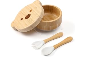 HI BABY MONMENT Baby Bowls with Lid,HBM Bamboo Suction Bowls for Baby and Spoon Set,3PC Feeding Supplies Set for Infant, Toddlers,Detachable Silicone Suction Stay Put Base for Wooden Bowl （Marble）