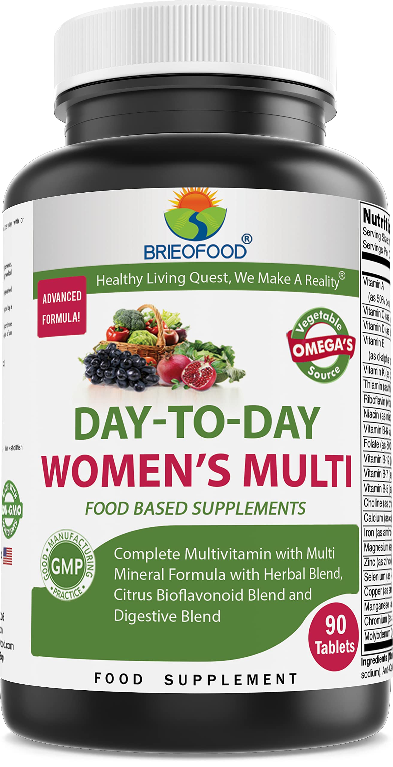 Briofood Day-to-Day Women's Multi Tablet, Food Based Multivitamin with Vegetable Source Omegas, 90 Count