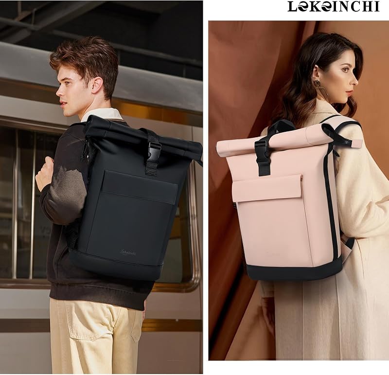 Rolltop Rucksack Damen & Herren, Elegant Laptop Rucksack Wasserdicht mit 17 Zoll Laptopfach, Großer Reiserucksack Tagesrucksack Schulrucksack für Reisen, Uni Schule, Arbeit - Schwarz