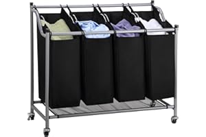 OLLIEROO Laundry Sorter Cart 4-Bag Classics Rolling Laundry Hamper, Sturdy Frame with 60KG Weight Capacity, Black