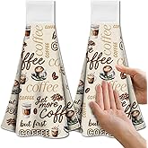 CUTHOLLOW Coffee Retro Hanging Kitchen Towels with Loop, Set of 2 - Soft & Super Absorbent Microfiber Decorative Hanging Dish & Hand Towel, Tea, Coffee Towel for Kitchen Bathroom Oven Handle