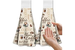 CUTHOLLOW Coffee Retro Kitchen Towels with Hanging Loop, Set of 2 - Soft & Super Absorbent Microfiber Decorative Tea Towels, 