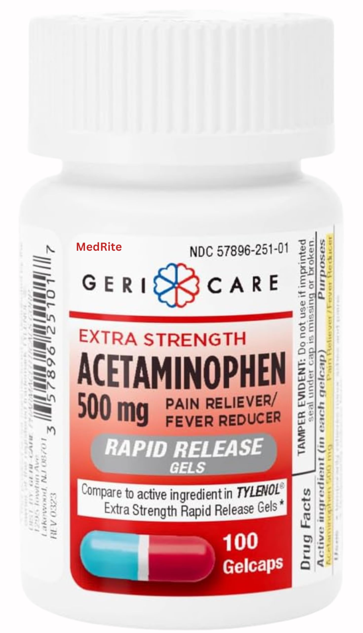 Acetaminophen 500mg Extra Strength - 100 Rapid Release Gelcaps - Over ...