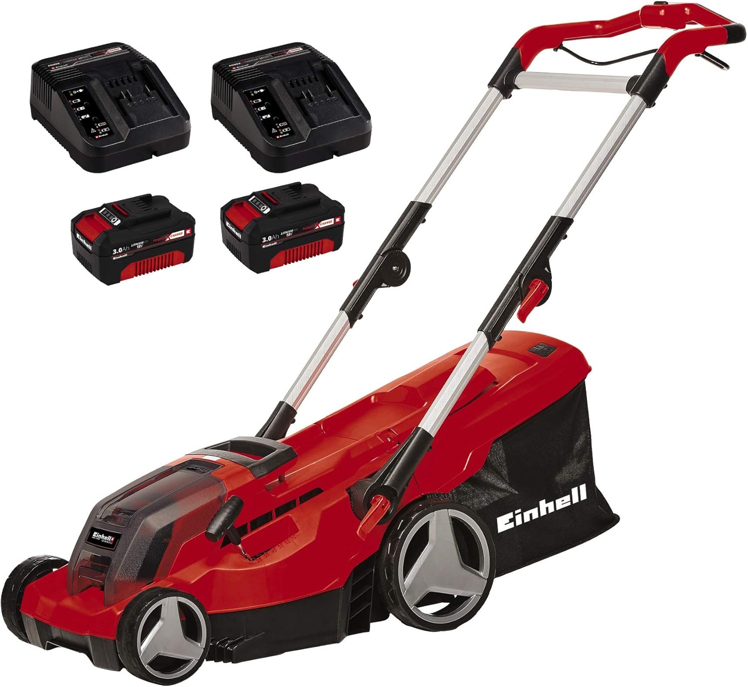 Einhell GE-CM 36/37 Li- Cortacésped inalámbrico Power X-Change (2x18V, altura de corte 6 niveles|25-75mm,ancho de corte 37 cm,45L de capacidad de bolsa, incluye2 baterías de 3,0 Ah y cargador doble)