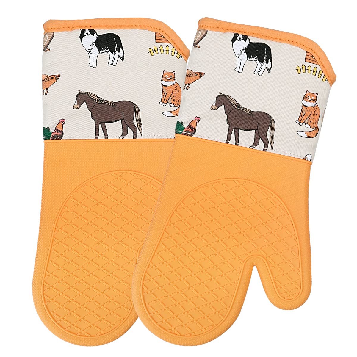 BBQ Gloves Heat Resistant – Oven Gloves for Cooking, Baking & Grilling – Silicone Cotton for Weber, Kamado BBQ, Pizza Oven– Barbecue Accessories & Charcoal Chimney Starter use (Farmer Kitchen)