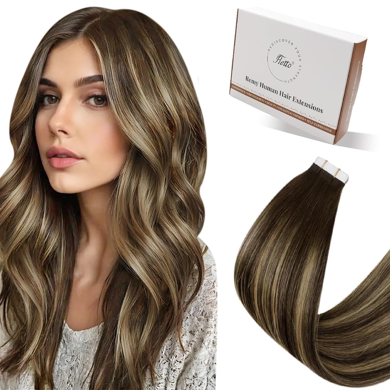 Hetto Tape in Hair Extensions Balayage Brown Mix Blonde 24 Inch - Easy Wear Invisible Tape in Extensions Human Hair, Lightweight Real Hair Tape Extensions for Daily Use 20pcs 50g #4/27/4 — image 1