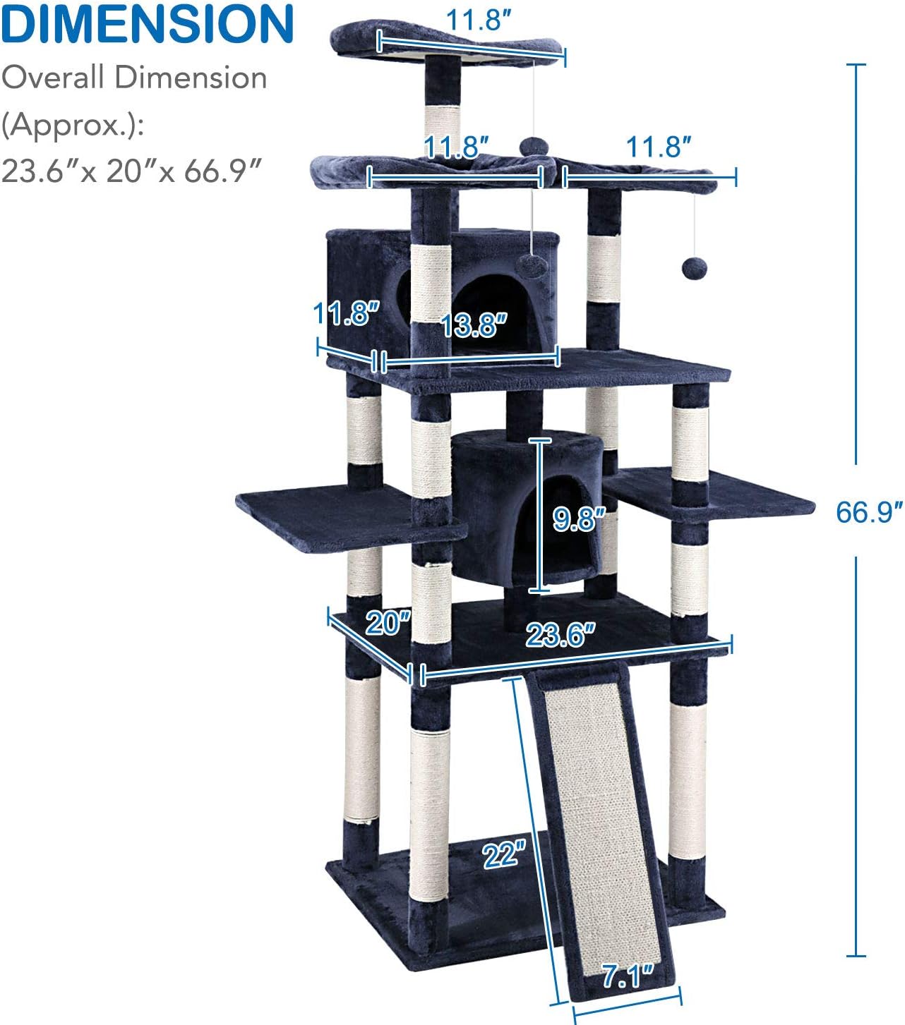 ScratchMe 67 inch Cat Tree Tower with Hammock & Scratching Post, Navy Blue : Pet Supplies