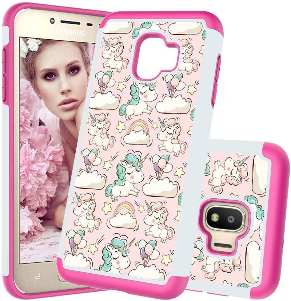 Lantier High Impact Heavy Duty Hybrid TPU Plastic Dual Layer 2 in 1 Slim Hard PC Soft Silicone Armor Defender Shockproof Protection Case Cover for Samsung Galaxy J2 Core Unicorn Pink