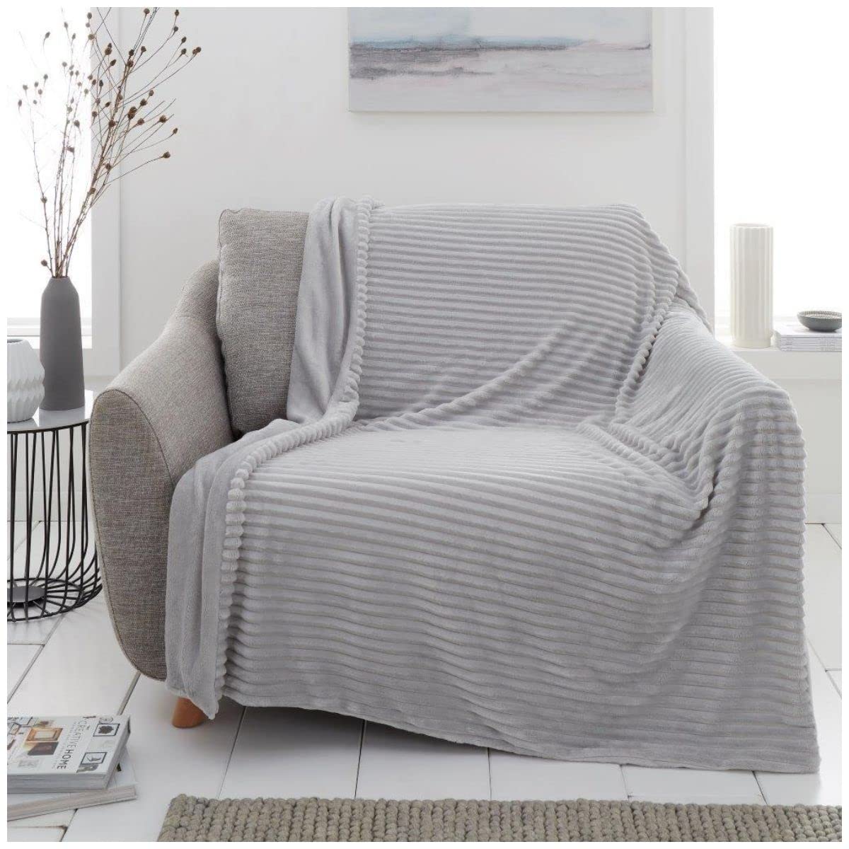 GC GAVENO CAVAILIA Blanket Throw, Extra Soft & Fluffy Throws Sofa Bed, Thermal Chunky Rib For Couch Arm Chair 130X180, Silver, 727767