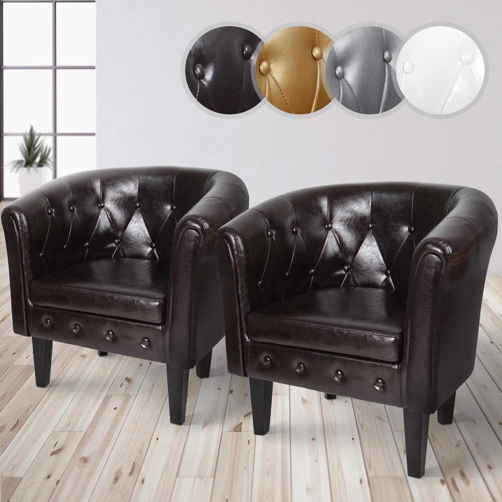 MIADOMODO® Chesterfield Armchair - from Faux Leather in Classic Design with Tufted Detail, with Choice of Colour and Set - Stylish Tub Chair For Living Room, Office, Lounge (Set of 2, Brown)