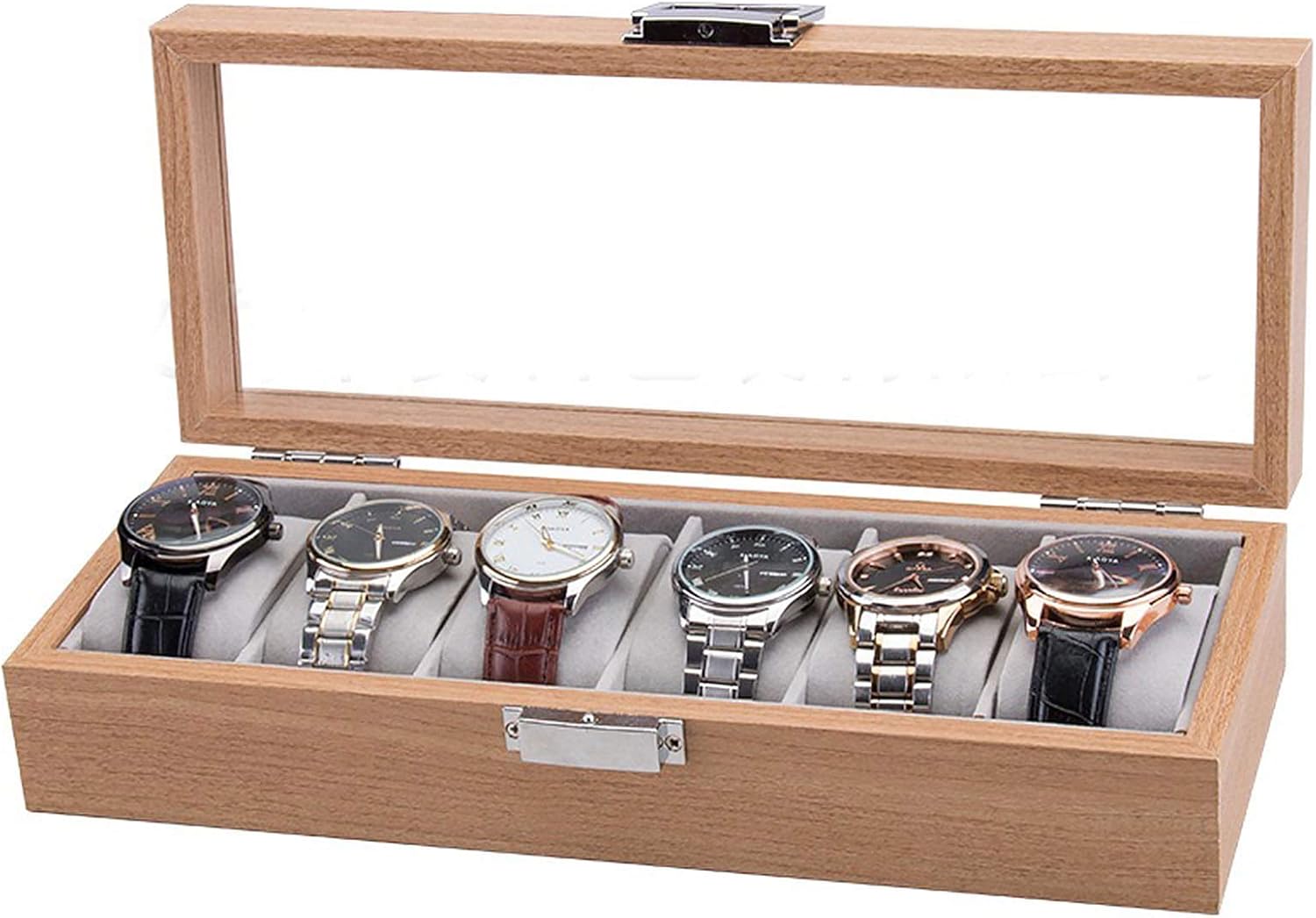 6 Slot Watch Box for Men and Women, Wooden Watch Case Display Organizer