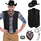 XonyiCos 5 PCS Cowboy Outfit for Men-Western Costume Set Hat Necklace Bandana Tassel Vest for Cosplay Rodeo Party