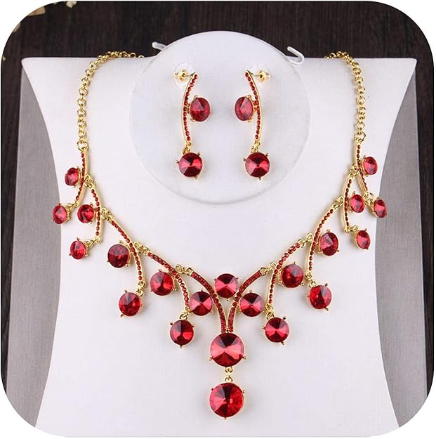 Baroque Vintage Gold Red Crystal Bridal Jewelry Sets Rhinestone Tiaras