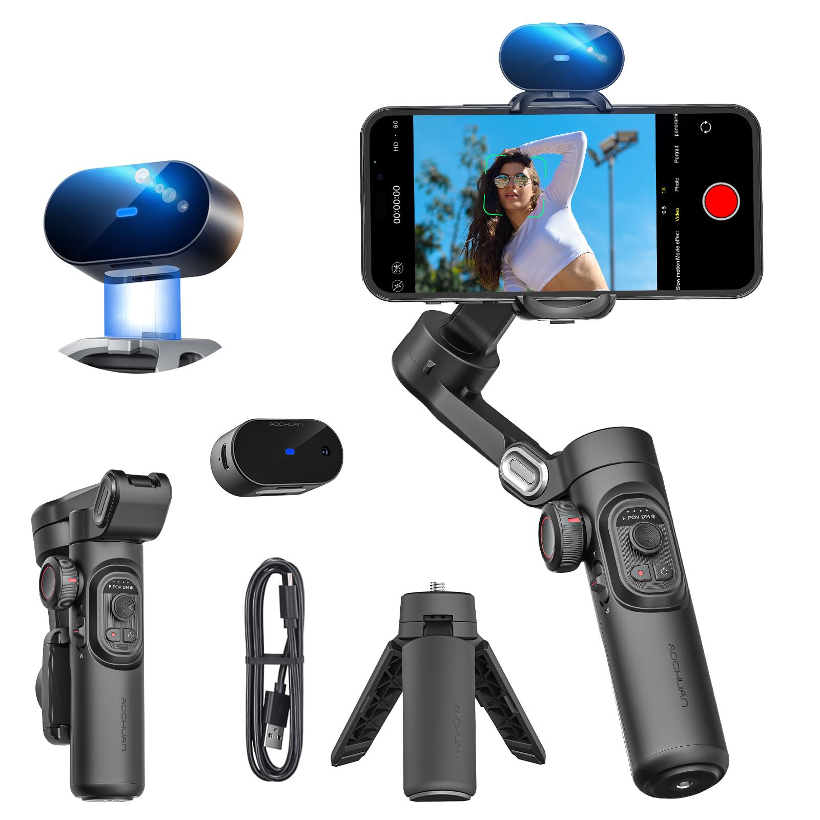 AOCHUAN XE AI Version,Gimbal Stabilizer for Smartphone,NO APP AI Tracking, Gesture Control,360°Inception Gimbal with TikTok YouTube,3-Axis Foldable Handheld Tripod for iPhone& Android,Black