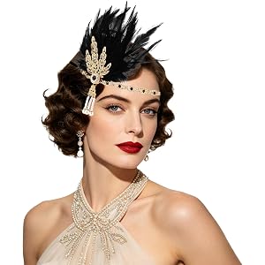 CURASA 1920s Flapper Headpiece Roaring 20s Headdress Gatsby Feather Band | Leaf Design, Black Gold Rhinestone,Jewelry Headdre