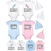 Cutecrop 4 Set Baby Boy Girl Twins Bodysuits Set Twins Matching Outfits Includes 4 Pcs Newborn Baby Romper 4 Pack Bibs and Hat for Boy Girl Gifts