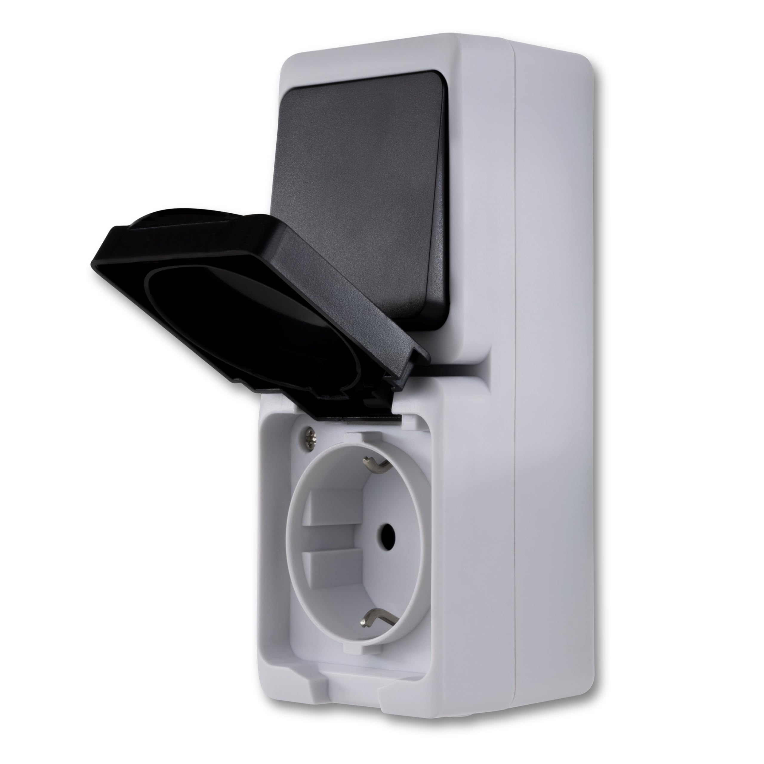 REV AquaMini, Mini Socket - A/W Switch Combination, 38% Less Volume, IP54, Double Pole, Surface-Mounted, Grey