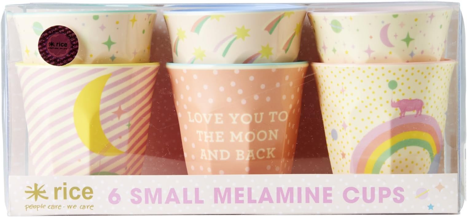 Small Melamine Curved Cups - set of 6 - LOVE YOU TO THE MOON & BACK Universe Print for Girls - PASTEL COLOURS by Rice DK