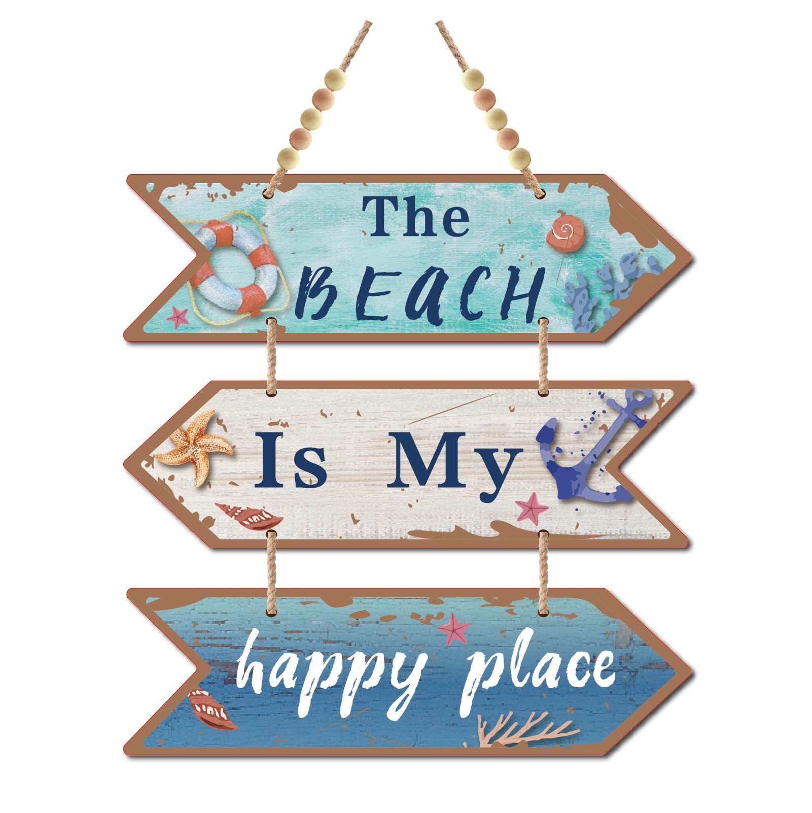 CREATCABIN 3 Pieces Wooden The Beach is My Happy Place Sign Wood Arrow Hanging Plaque Wall Decor Farmhouse Rustic Kitchen with Hole for Home Dining Living Room(Dark Turquoise Color)