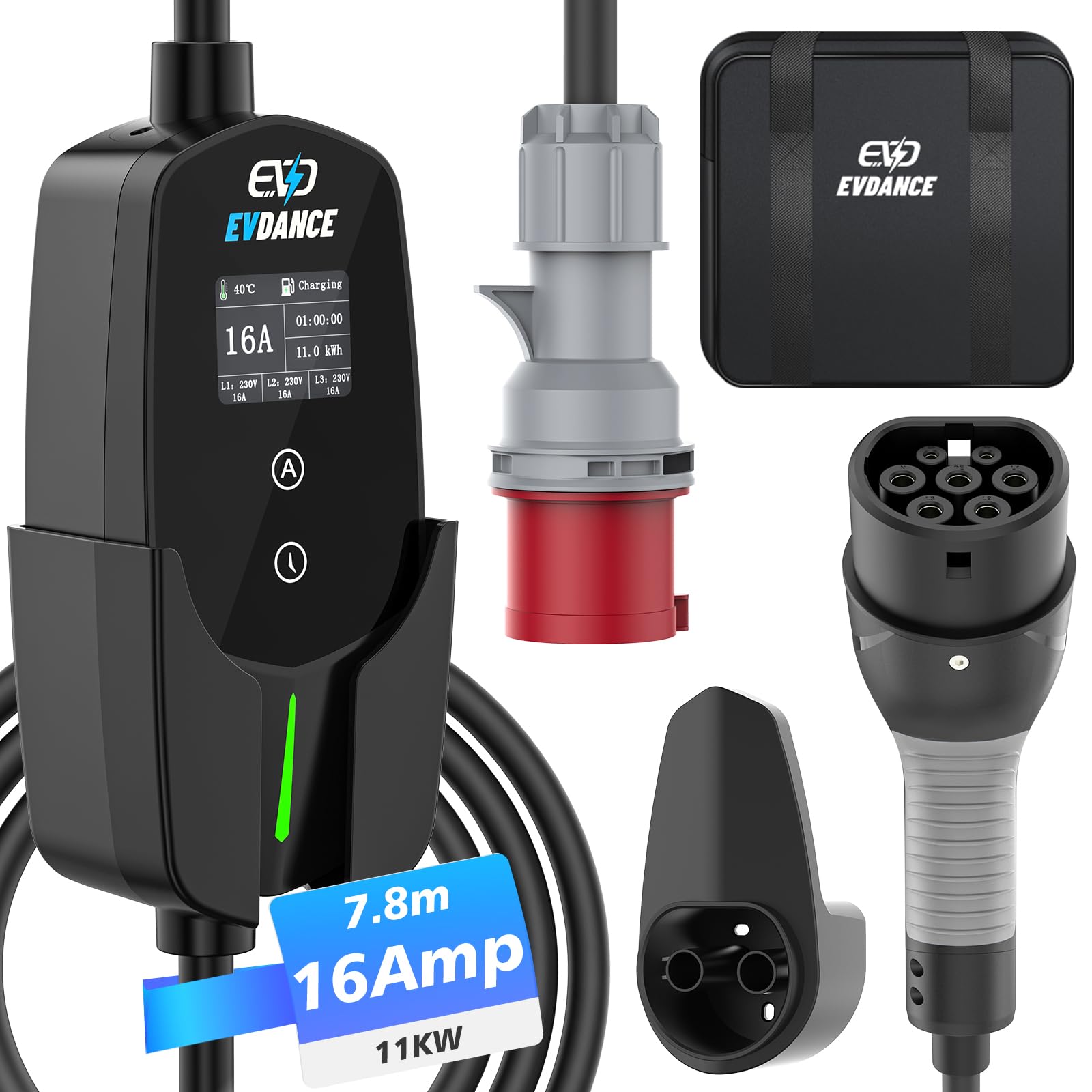 EVDANCE Mobile Wallbox 11kW [7.8m 3-Phasig 6-16A] Typ 2 Ladekabel CEE 16A auf Typ 2 mit Einstellbarer Ladeleistung für Elektroauto