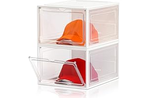CKHXR Hat Organizer Box,Upgrade Harder Solid Plastic Hat Organizer for Baseball Caps, Clear Hat Storage with Magnetic Door, Hat Rack, Hat Holder, Hat Case, Hat Box (White & Clear, 2 Pack)