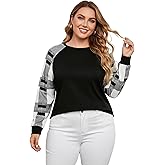 winkbay Women's Plus Size Plaid Long Sleeve T Shirts Dressy Casual Crew Neck Fall Work Tops