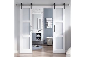 ROYMELO Double 21×84 Inch Glass Barn Door Slab and 7ft Hardware Kit Included, 3 Frosted Glass, LVL Wood Panel Covered with White Water-Proof Scratch-Proof PVC Surface, Simple DIY Assembly