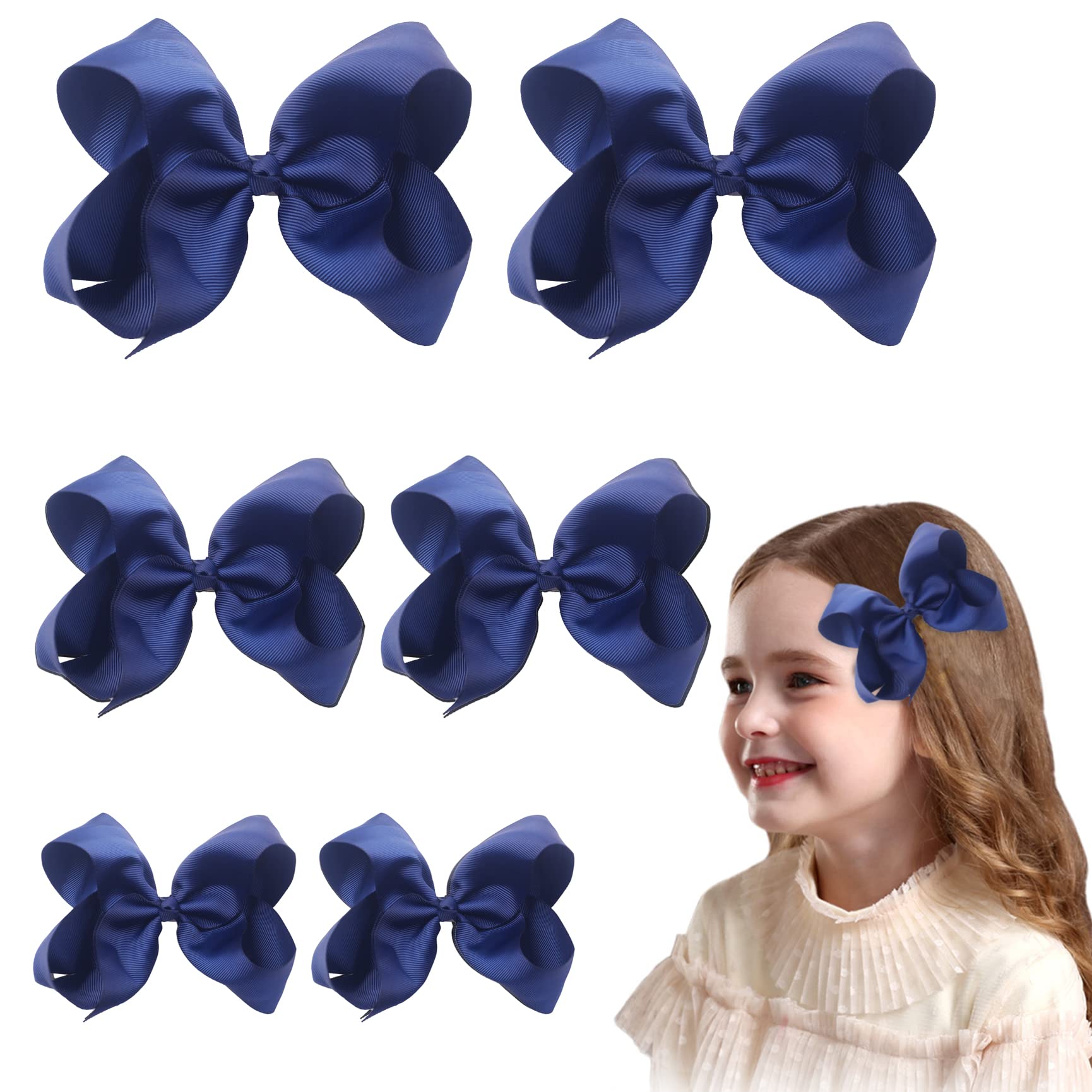 Qaziuy 6Pcs Hair Bows For Girls, Large Grosgrain Ribbon Bows Hair Clips Blue, Hair Accessories for Toddler to Young Girls (3 Sizes)