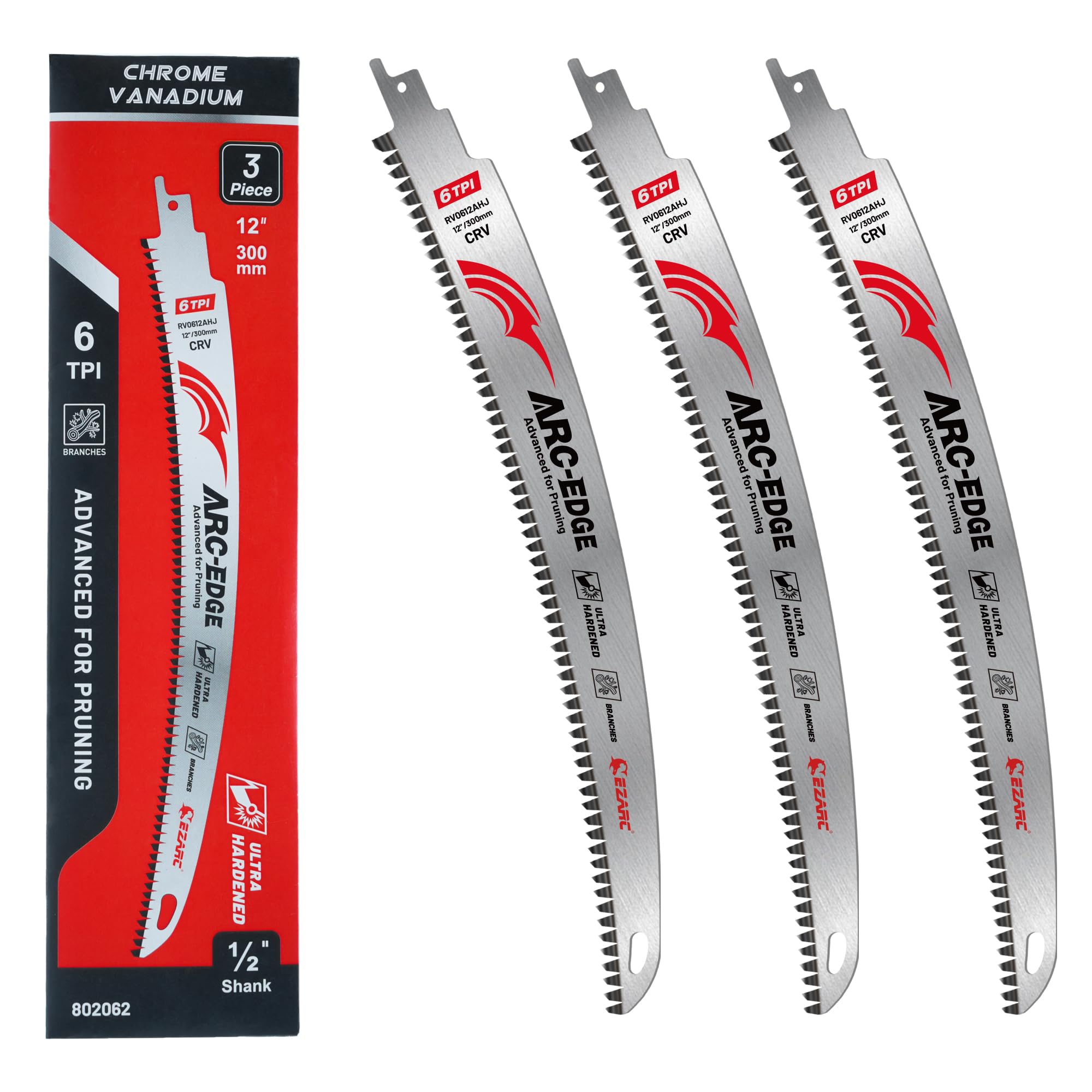 EZARC Japanese Teeth Reciprocating Saw Blades 300 mm, Arc Edge Wood Pruning Saw Blades 6TPI for Tree Trimming, Wood Cutting, 3 Pieces