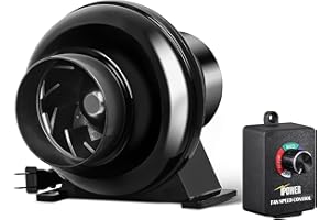 iPower 4 Inch 195 CFM Exhaust Inline Duct Vent Booster Blower with Variable Indoor Grow Tent Hydroponics Ventilation, Quiet, 4'' Fan with Speed Controller New, Black