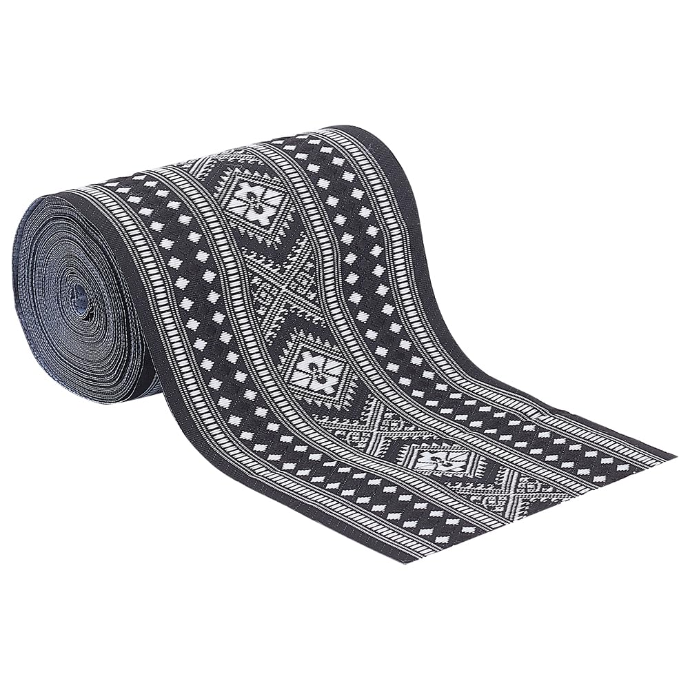 BENECREAT Black Jacquard Ribbon 10cm Wide Decorative Vintage Jacquard Fabric Ribbon 7m Decorative Rhombus Pattern for DIY Craft Decorations, Hat Headbands
