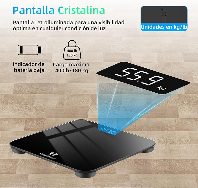 Balança para casa de banho, Balança digital com visor LED, Balança de peso corporal de alta precisão, máximo 180 kg, Tecnologia Step-On, Preto
