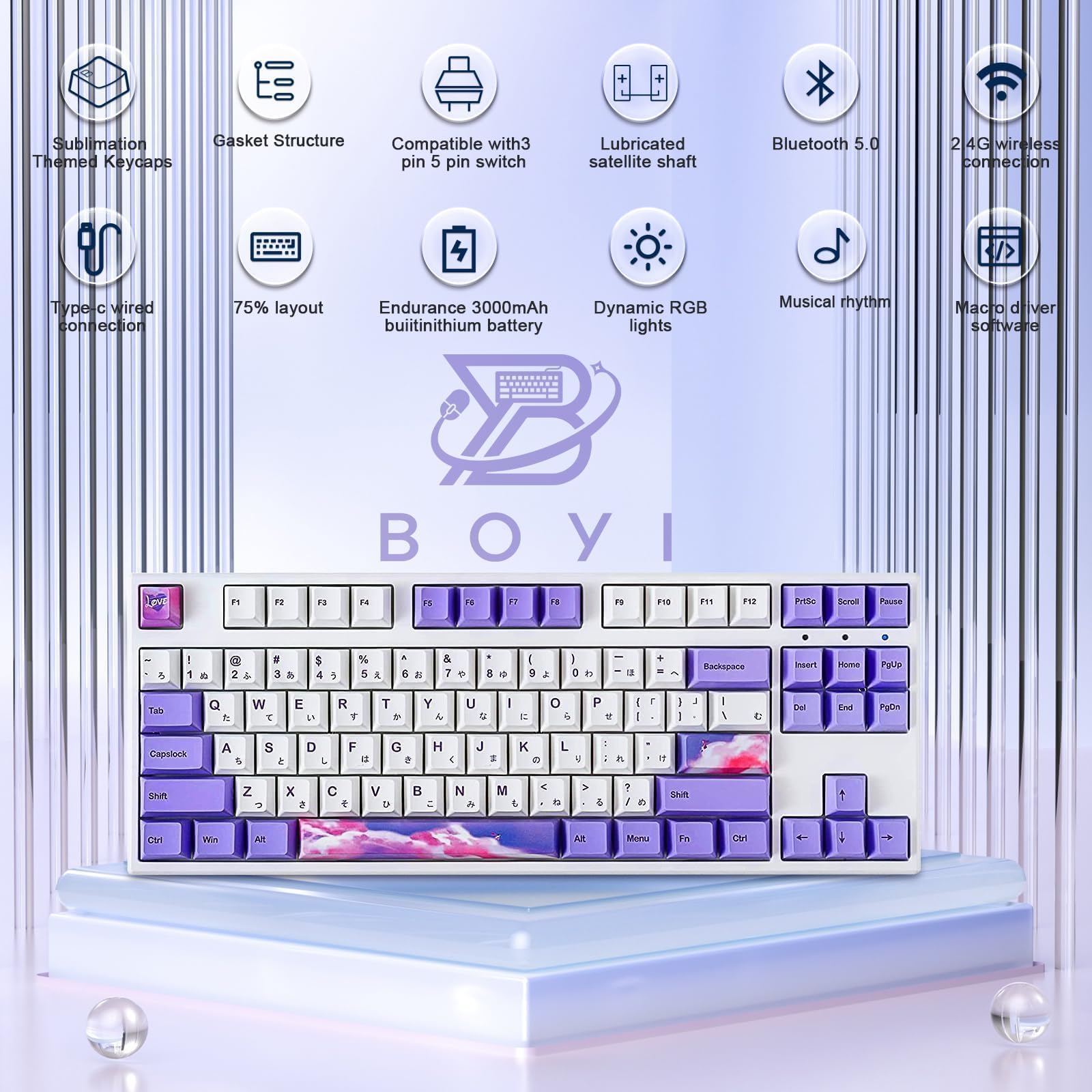 BOYI 87 Keys Wireless RGB Gasket Mechanical Keyboard,Hot Swappable 80% Compact TKL Layout Programmable BT5.0/2.4G/Wired,N-Key Rollover Gateron Yellow Switch Custom Purple Keyboard for PC Gamers Office
