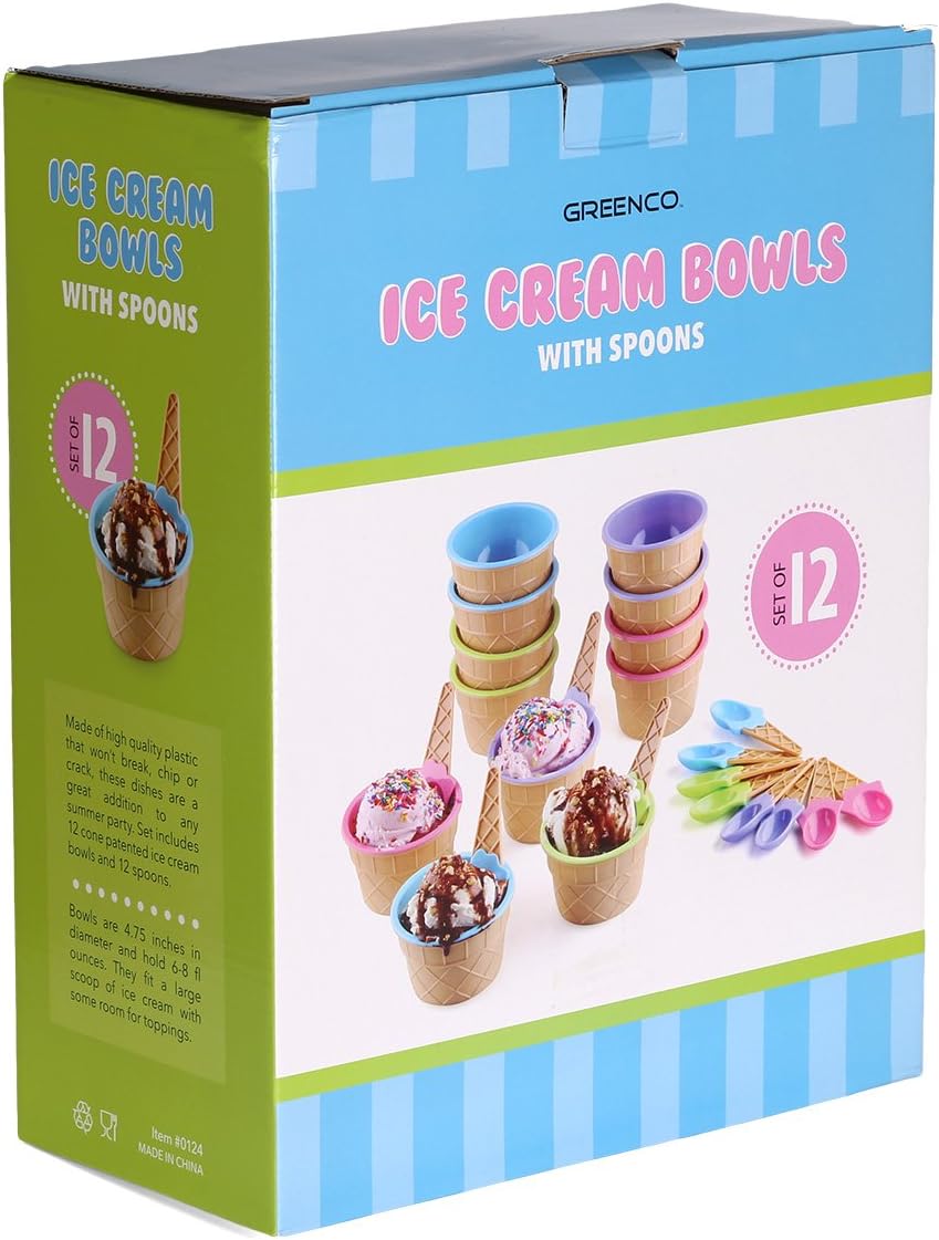 Greenco Set of 12 Vibrant Colors Ice Cream Bowls and Spoons: Kitchen & Dining