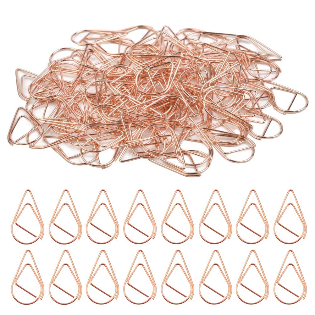 Juliyeh 100Pcs Paper Clips, Rose Golden Paperclips, Small Metal Paper Clip, Water Drop Paper Clips, Waterdrop Shaped Paperclips for Book, Memo, Paper, Poster, Photo, 25x15 mm